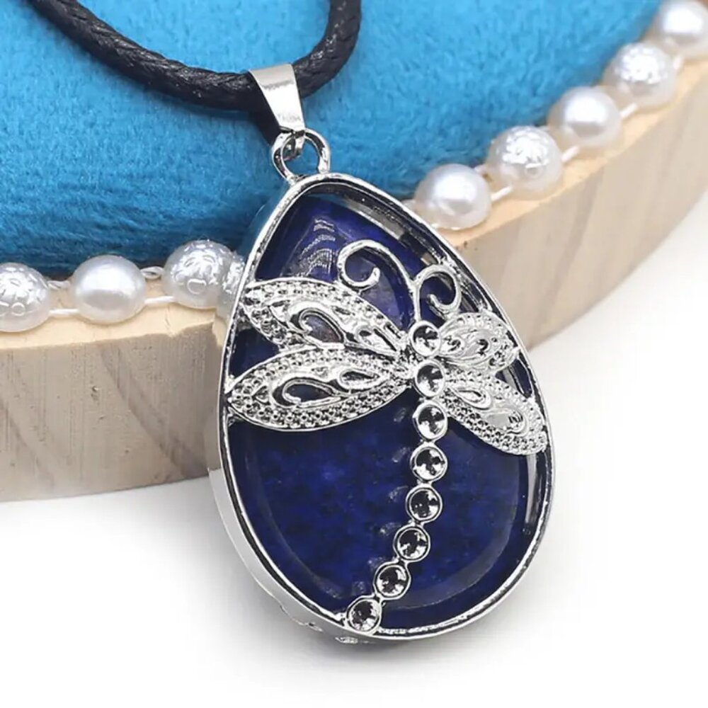 Lapis Lazuli Dragonfly Natural Stone Drop Pendant Necklace Healing Gemstone